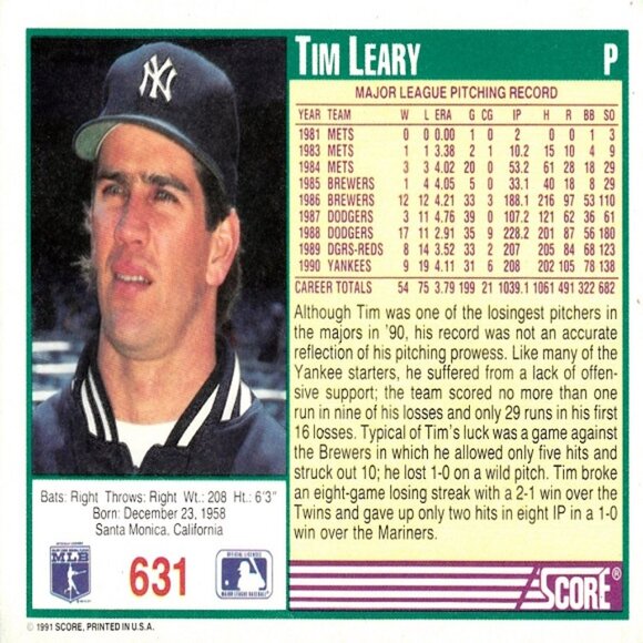 Tim Leary (New York Yankees) Vintage 1991 Score '91 MLB Card - Card Number 631 - Picture 2 of 2
